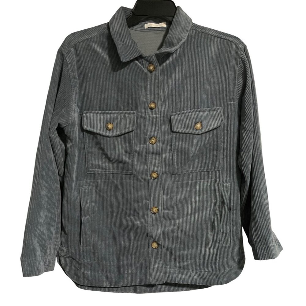 Sugar Rain Womens Blue Corduroy Shacket Size L Button Up Lightweight Casual
